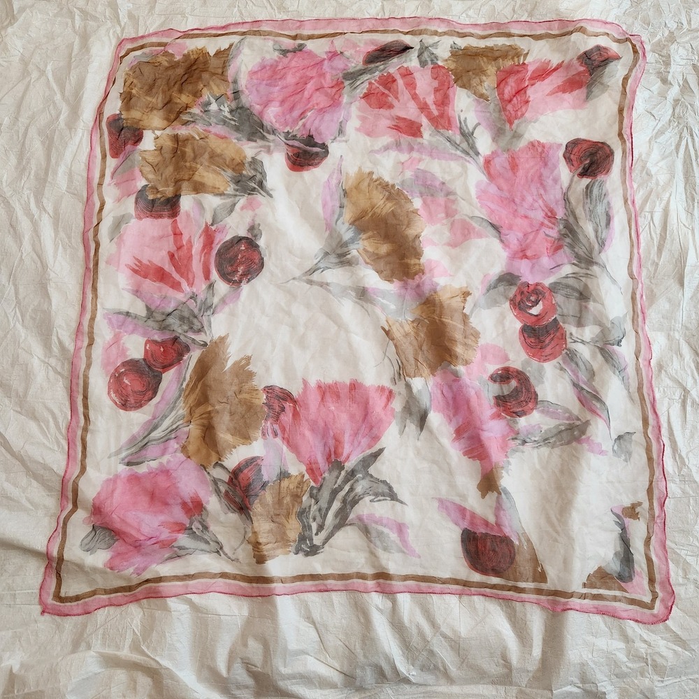 Large Sheer Retro Scarf Pink Brown Watercolor Flower Print Mod 70s Boho Chic